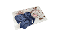 a blue blanket with a pair of jeans and a pair of shoes on it